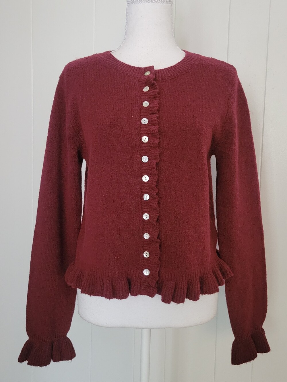 NWT Willow & Wind Ruffle Trim Cardigan Sweater Burgundy Frill Coquette Girl MD